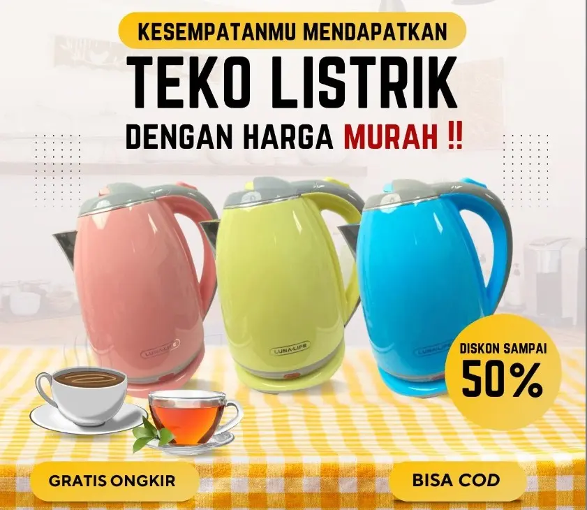 EVERCOSS TEKO ELECTRIC KETTLE 2L LUNA LK502-WARNA 3 Warna Cantik Blue Pink Yellow Kapasitas 2L Daya 500W Stainless Steel Premium Quality - Air, Kabel
