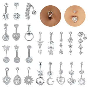 1 PC Crystal Belly Button Rings Butterfly Heart Zircon Navel Piercings Drop Dangle Navel Ring 316L Stainless Steel Body Belly Piercings