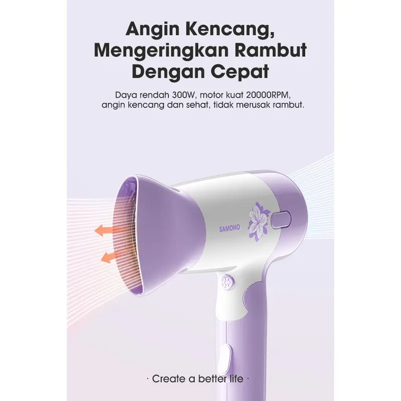 Samono Hair Dryer Pengering Rambut Low Watt 300 Watt 2 Kecepatan Angin Bisa Dilipat SW-HD10 6