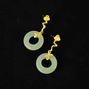 YALING - ELGRALUXE - Gold Plated Chinese Style Sangjit Imlek CNY Green Jade Earrings