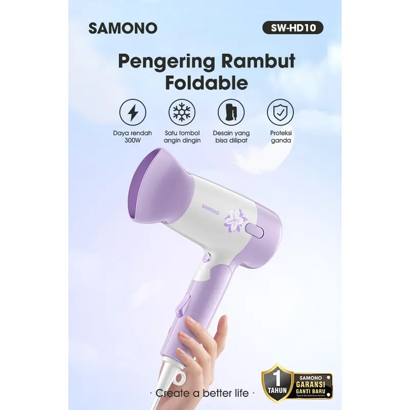 Samono Hair Dryer Pengering Rambut Low Watt 300 Watt 2 Kecepatan Angin Bisa Dilipat SW-HD10 1