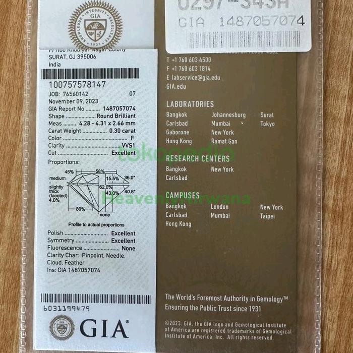 Gambar GIA - 0.3ct F VVS1 3EX Natural Diamond, Berlian Eropa Asli. NO BUYBACK dari HeavenlyNirwana Kab. Tangerang Tokopedia