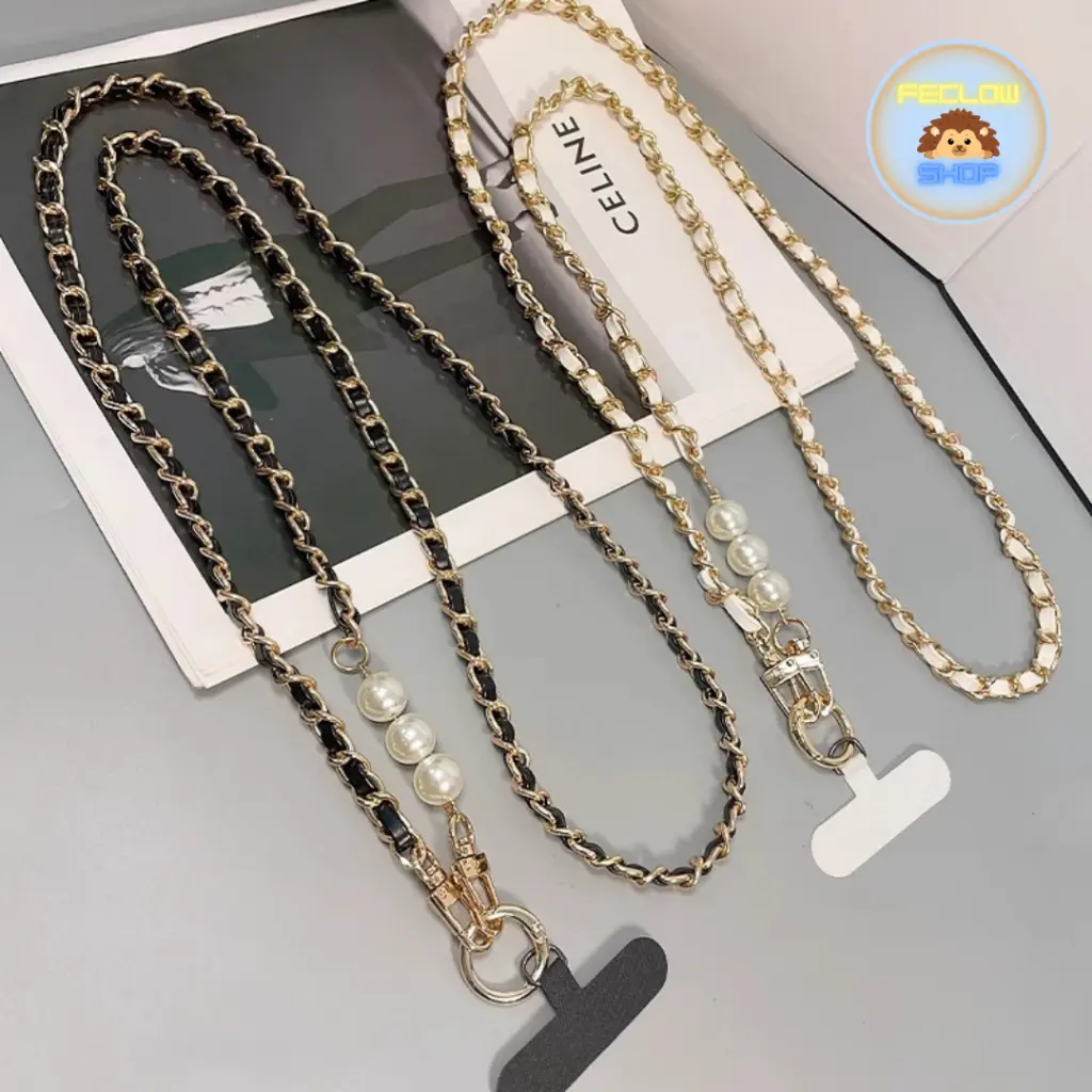 Tali Lanyard Selempang Hp Cantik Gantungan Hape Rantai Kulit Premium Hias Mutiara Mewah Cantik Banyak Warna Fashion Korea