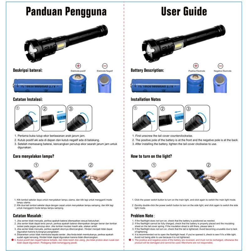 Senter LED XHP70 SWAT ZOOM Super Terang Tactical Flashlight 90000 Lumens USB Rechargeable Outdoor Tahan Air 8