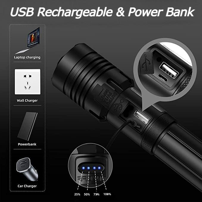 Senter LED XHP70 SWAT ZOOM Super Terang Tactical Flashlight 90000 Lumens USB Rechargeable Outdoor Tahan Air 4