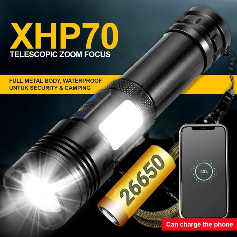 Senter LED XHP70 SWAT ZOOM Super Terang Tactical Flashlight 90000 Lumens USB Rechargeable Outdoor Tahan Air 1