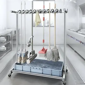 Rak pel Stainless Steel Movable Mop Sink Rack shelf hooks Rak Penyimpanan alat berdiri di lantai Nama