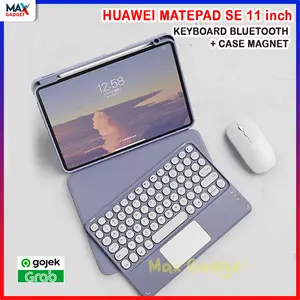 Keyboard Paket 3 in 1 For Huawei Matepad SE 11 inch 2024 Touchpad Pebble Keyboard Bluetooth Mouse Case Slot Pen Magnet Bulat Touchpad Bokcover MAgnet