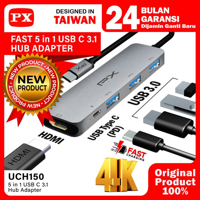 Gambar USB Hub Converter Type C Hub Adapter Laptop Macbook Ipad Tablet Type C 3.1 to HDMI 4K USB 3.0 Type C Power Delivery 100W 5 Port 5 in 1 PX UCH150 dari PX Official Store Kota Administrasi Jakarta Utara Tokopedia