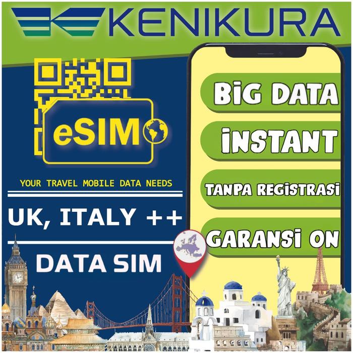 Gambar ESIM Europe internet paket data e sim Eropa UK united Kingdom London England Italy Ireland Austria Sweden Denmark iIali e-sim Kenikura - 180 Days 50GB dari Kenikura Tour Kota Tangerang Selatan Tokopedia