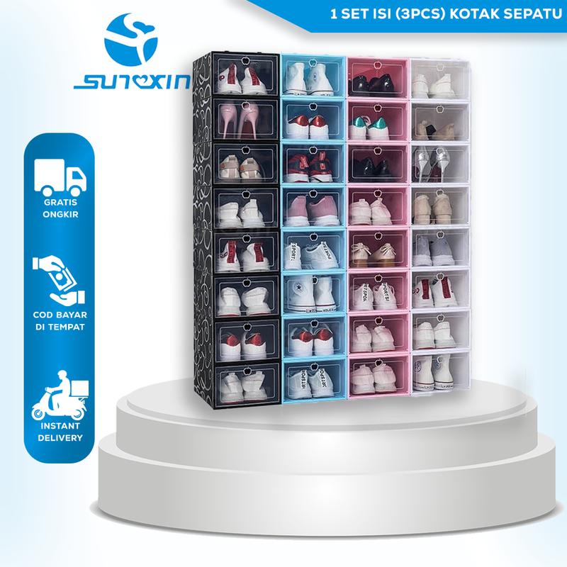 1 SET/ 3PCS KOTAK SEPATU/SANDAL TRANSPARAN/SHOES BOX/RAK SEPATU 0