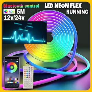 PAKET LED NEON FLEX RGB RUNNING 5M 10M DC 12V/24V SENSOR SUARA APP Control + Adaptor + Remote Control LED