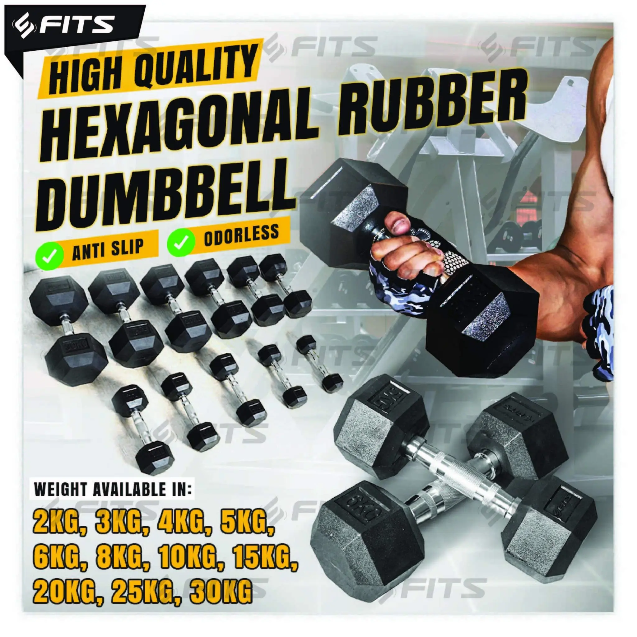 FITS High Quality Hexagonal Rubber Dumbbell 1 - 10Kg | Barbel Dumbell Dumble Barbell