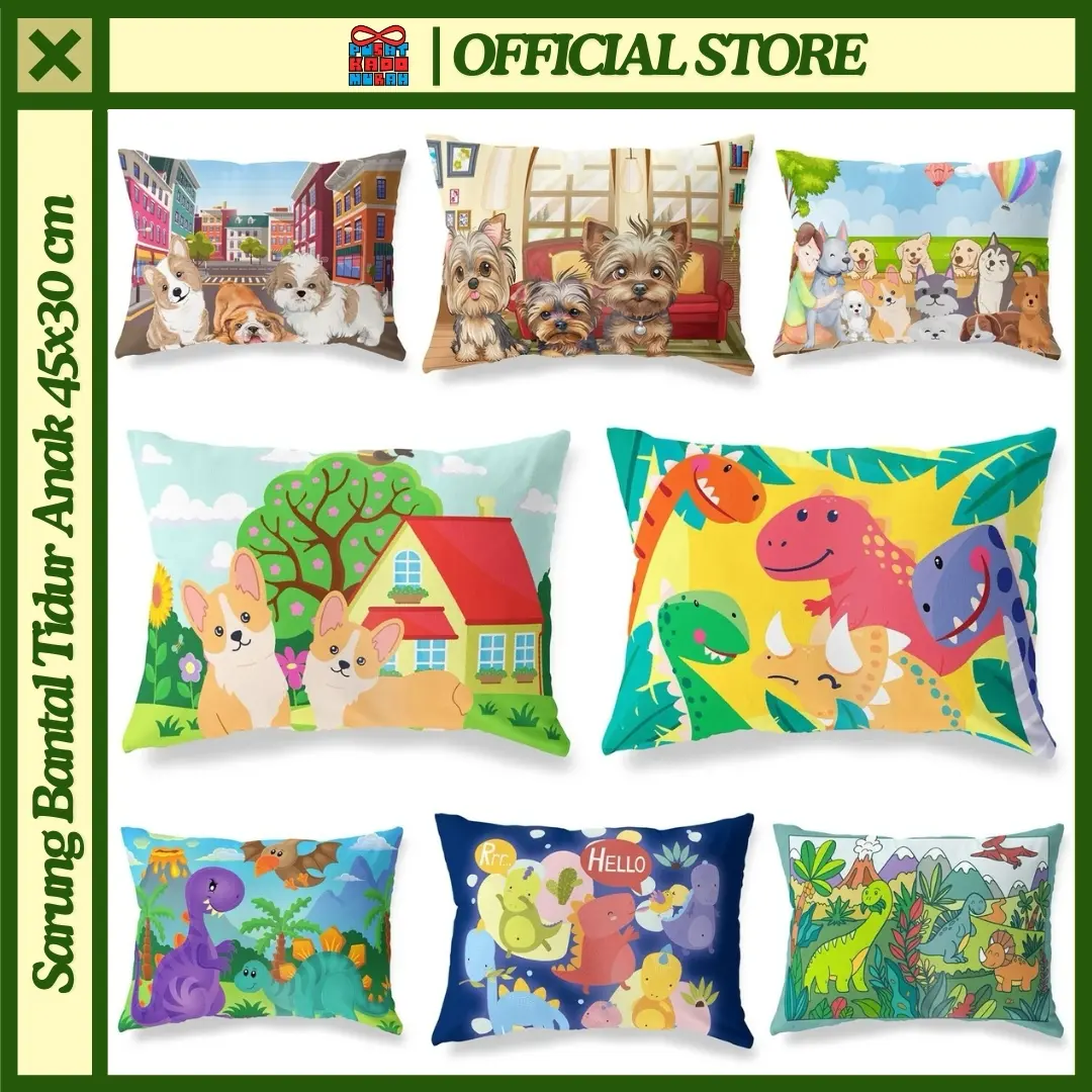COVER SARUNG Bantal Tidur Anak Print Motif Doggy Puppy / Dino Dinosaurus Trex 45x30 cm - Pusat Kado Murah