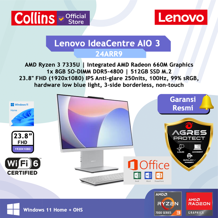 Gambar Lenovo IdeaCentre AIO 3 24ARR9 Ryzen 3 7335U 8GB 512GB 23.8" OHS W11 dari Collins Official Kota Administrasi Jakarta Pusat Tokopedia