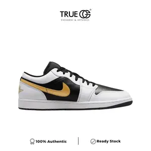 Air Jordan 1 Low White Black Metallic Gold Swoosh Authentic