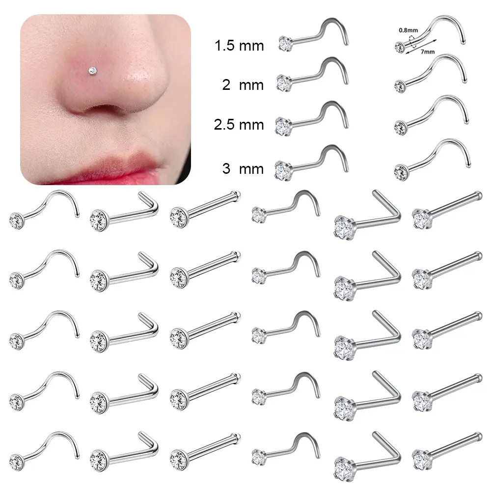 10 Pcs/lot 1.5/2/2.5/3mm Crystal Nose Studs Stainless Steel Cubic Zirconia Nose Piercing S Shape Nostril Piercing 20G