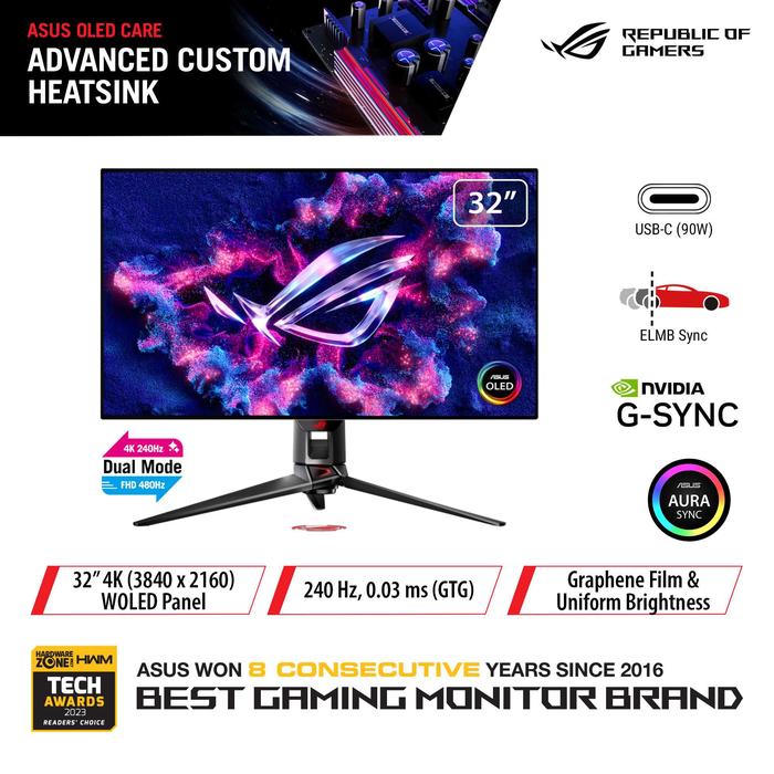 Gambar ASUS ROG Swift OLED PG32UCDP 32 Inch Gaming Monitor - Dual Mode 4K 240Hz or FHD 480Hz 0.03 ms HDR400 dari JnJ Online Kota Administrasi Jakarta Pusat Tokopedia