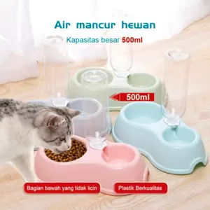 Tempat makan dan minum 2in1 kucing anjing free botol 500ml anti slip bahan tebal