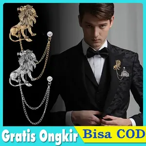 Lapel Pin Bros Jas Rantai Rumbai Kristal Vintage Lion Emas Silver Brooch Aksesoris Jas Kemeja Pria