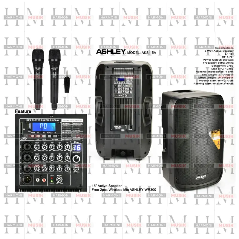 Speaker aktif ashley aks 15a / aks15a `15 inch 1 buah BONUS MIC WIRELESS ASHLEY WR300 1