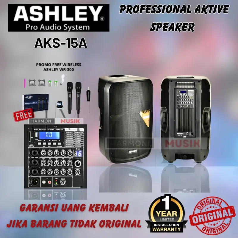 Speaker aktif ashley aks 15a / aks15a `15 inch 1 buah BONUS MIC WIRELESS ASHLEY WR300 0