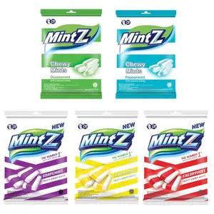 Permen Lunak Kunyah / Candy Chewy Mintz 99 Gram Barley Mint, Grapemint, Cherrymint, Peppermint, Fruzz, Blaster Choco Mint, Neapolitan, Fruit Plus Orange, Blackcurrant, Strawberry, Mango, Kino Chewey Mangga Arumanis, Durian, Super Zuper, Jagoan Neon