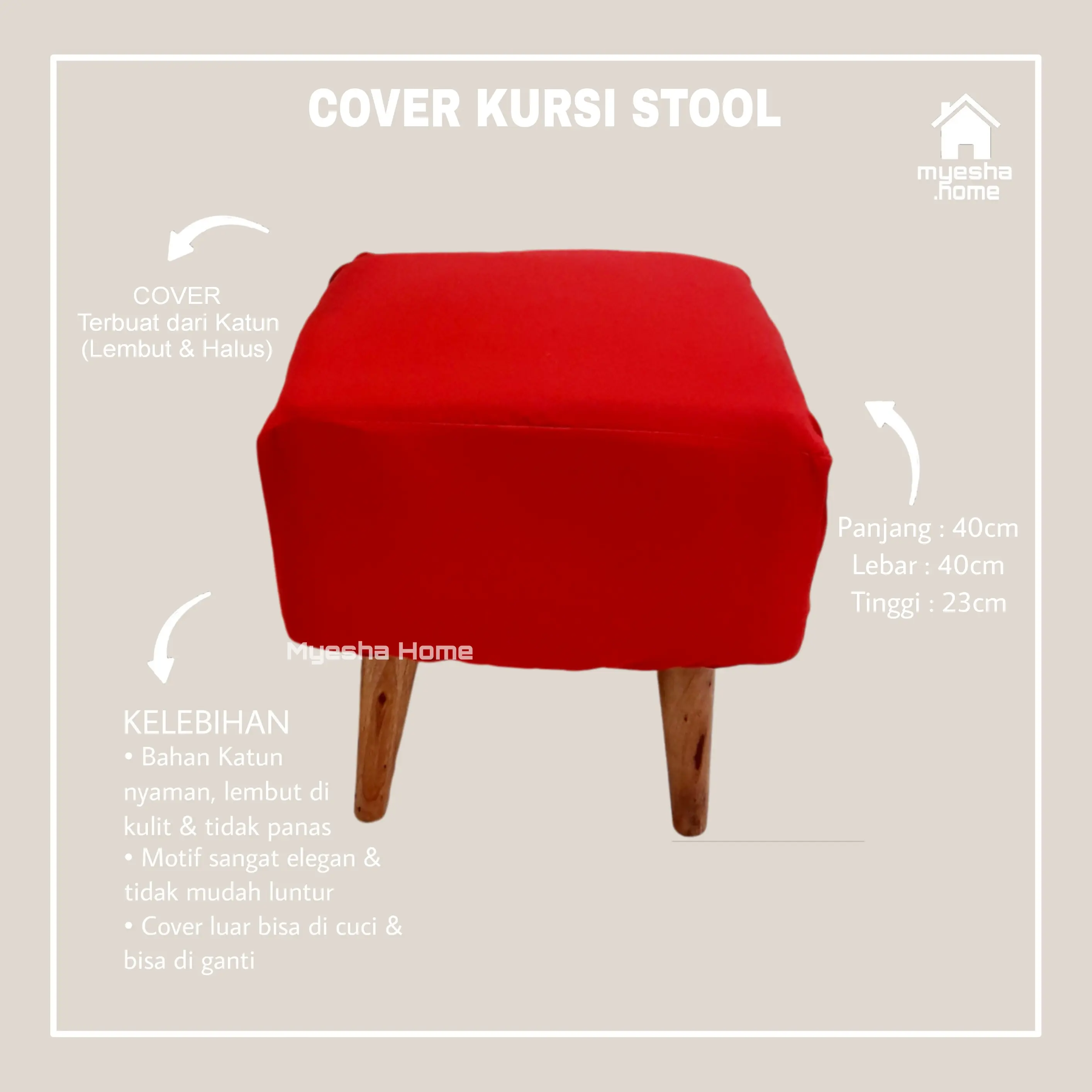 MYESHA HOME - Cover Kursi Stool Kotak Warna Merah (TIDAK TERMASUK KURSI)