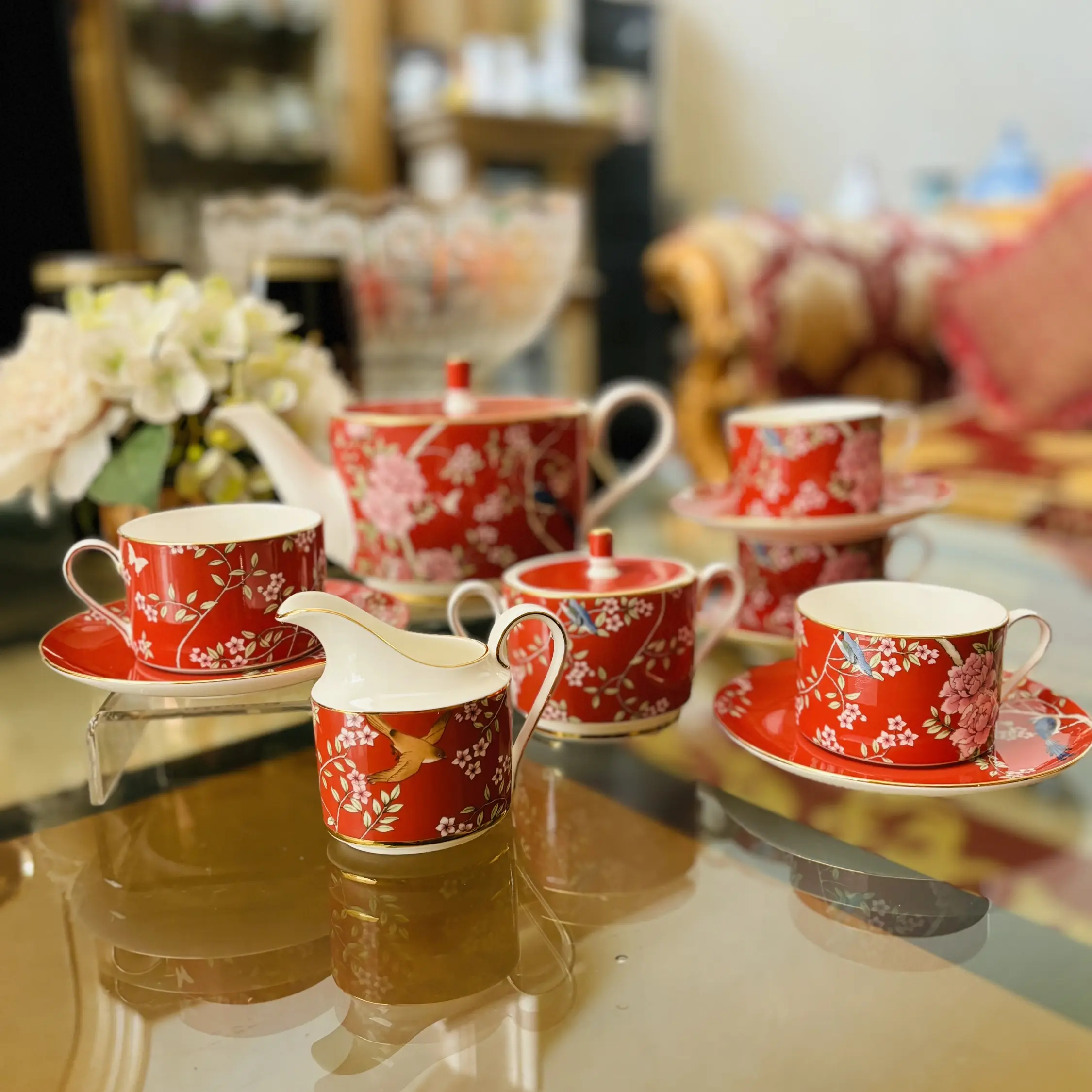 Tea Pot Creamer Sugar Tea Cup Saucer Narumi Queen Garden Red Mewah Cantik