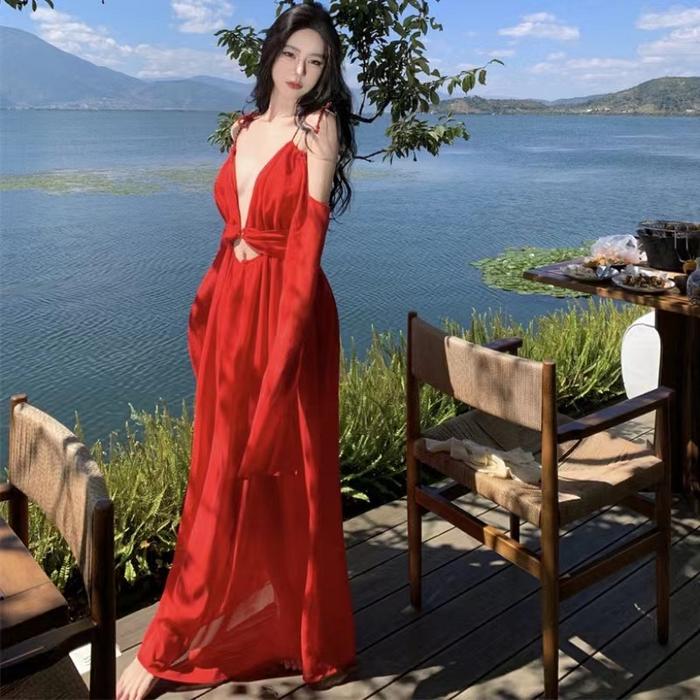 Jual ARNA red chiffon long dress long sleeve woman premium / korean summer  dress / beachwear bali / dress pantai wanita lengan panjang / maxi dress /  casual dress / vintage dress /