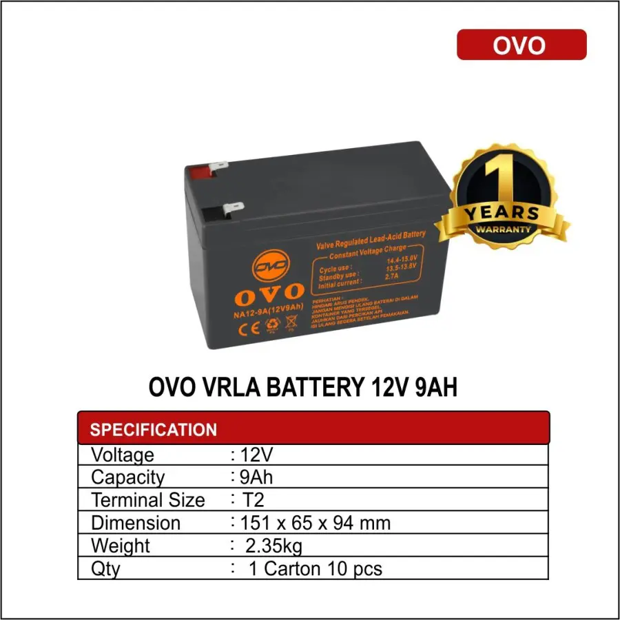 Baterai UPS OVO 12V 9AH VRLA NA12-9A