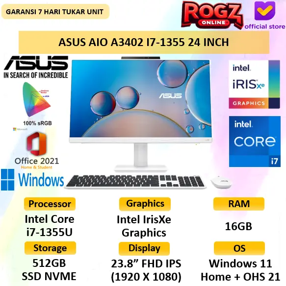 Asus All In One A3402 I7 1355 16GB 512 SSD W 11 + OHS 24 Inch IPS PC AIO