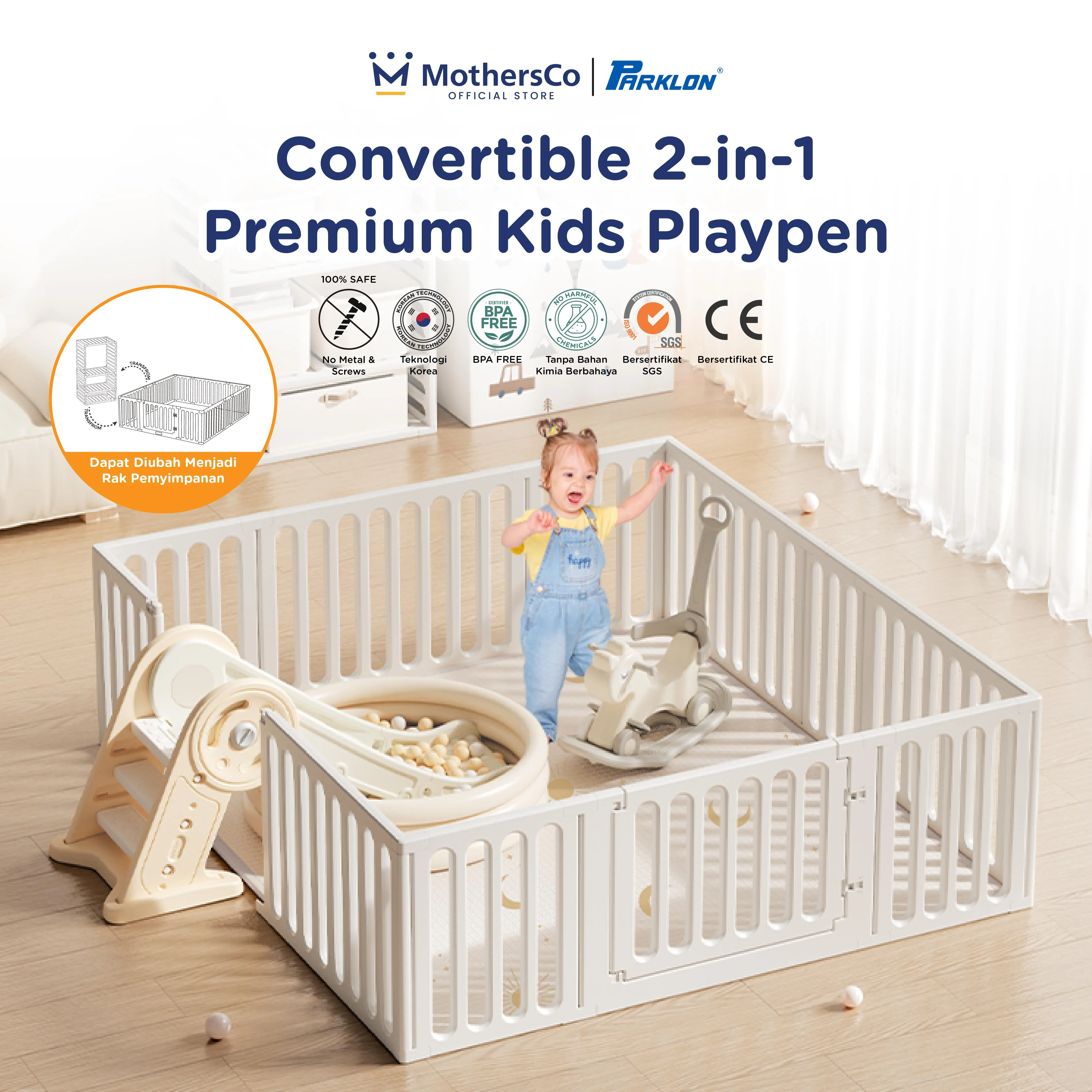 Parklon 2-in-1 Premium Baby Playpen | Pagar Mainan Bayi Dapat Diubah Menjadi Rak Penyimpanan | Pagar Minimalis