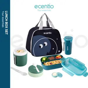 ecentio Lunch Box Set Kotak Makan ada sekat tas bekal bocor BPA Free Plastik Sendok Tali Aluminium Hijau Kitchenware Multifungsi