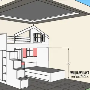 tempat tidur anak tingkat 2 bed lemari dan mija belajar rak buku dan laci2