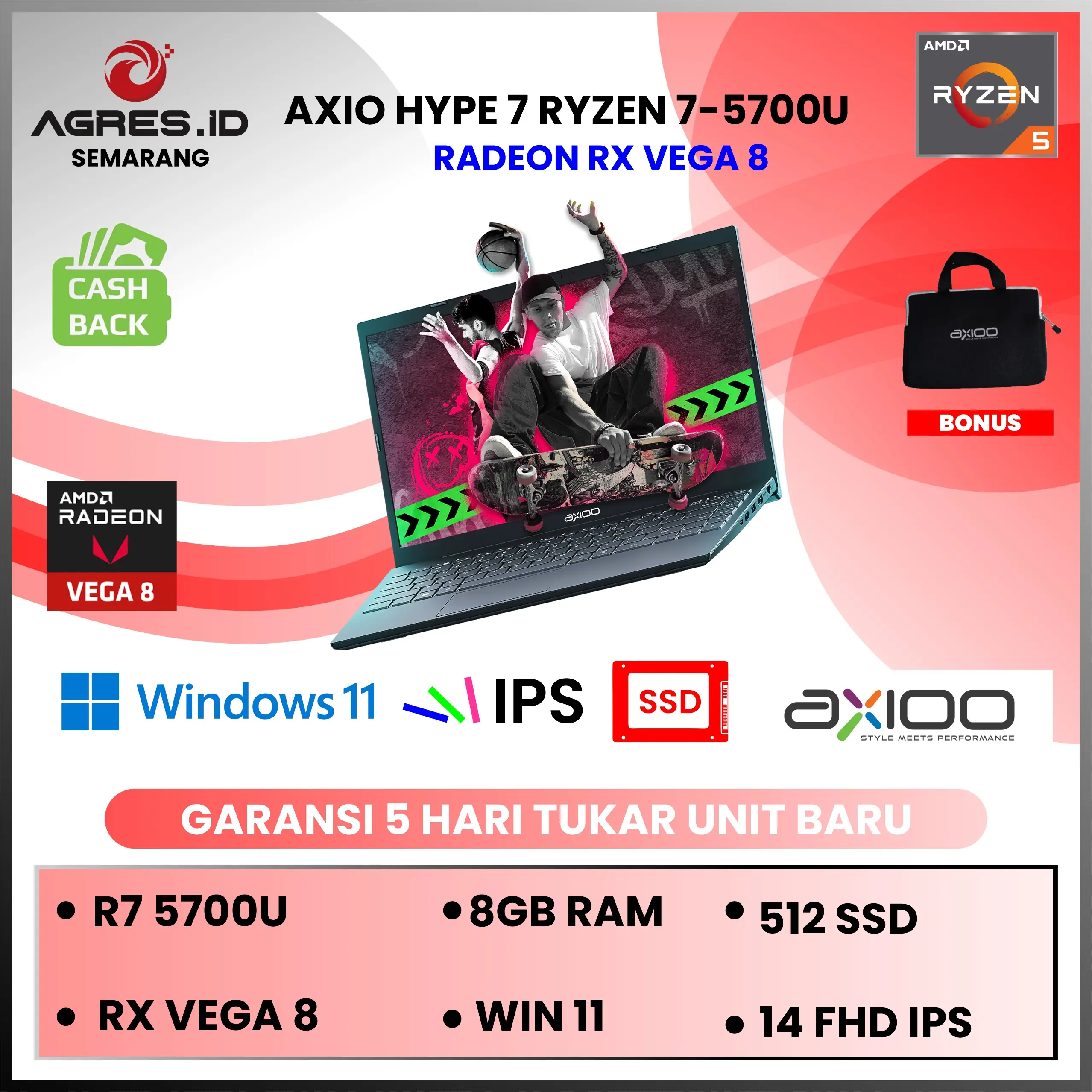 LAPTOP AXIOO HYPE 7 AMD | Ryzen 7 5700U 8GB 512GB Windows 11 Pro