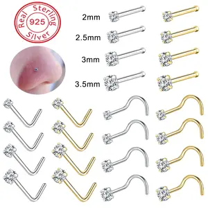 1 PC 2/2.5/3/3.5mm Crystal Nose Piercing 925 Sterling Silver Nose Stud Zircon Nostril Piercing 18G/20G L Shape Nose Stud
