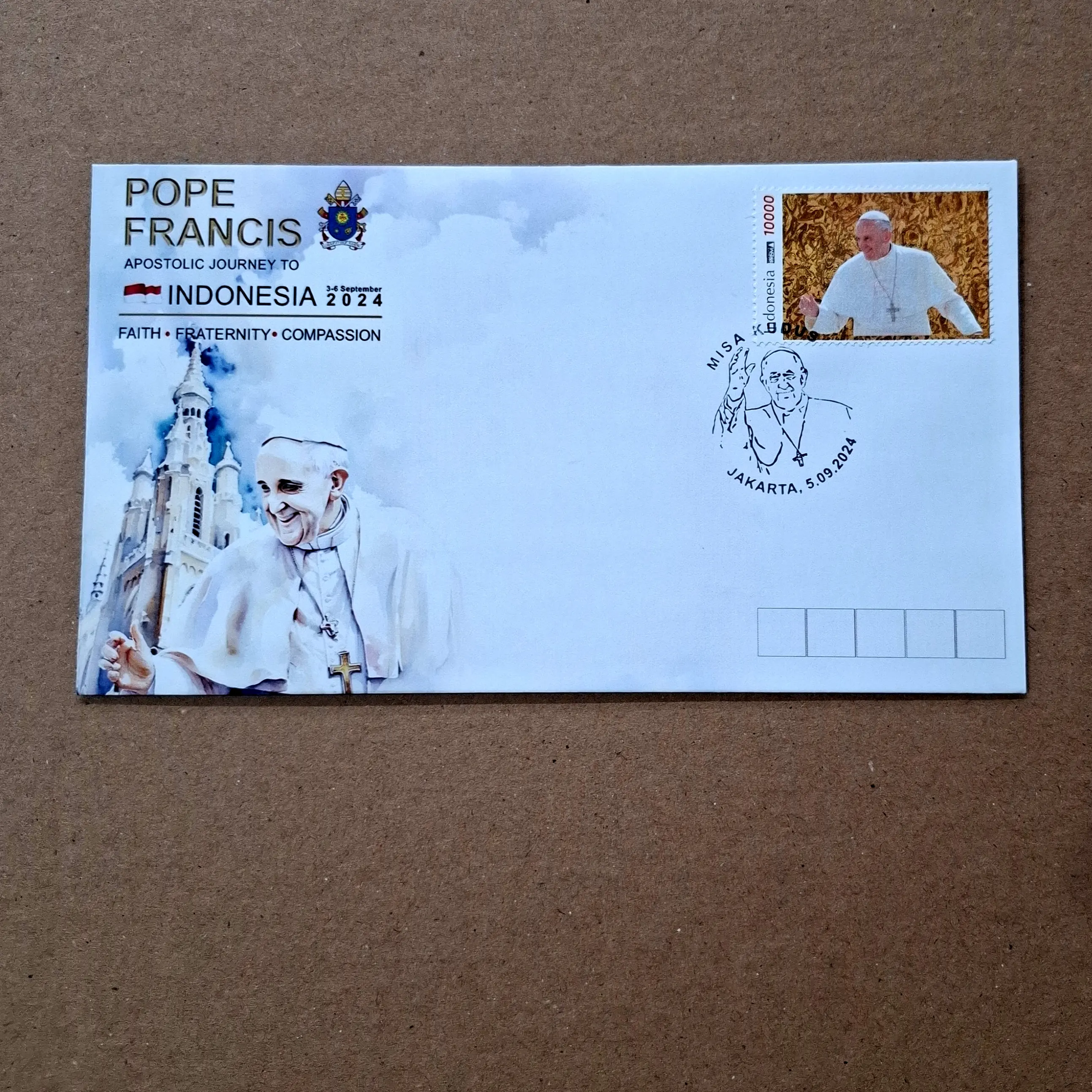 Prangko INDONESIA 2024. POPE FRANCIS APOSTOLIC JOURNEY TO INDONESIA 3-6 September 2024. FAITH • FRATERNITY • COMPASSION. Sampul Peringatan
