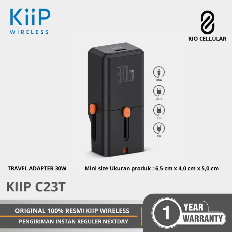 KiiP C23T Charger Travel Adapter 30W USB TYPE C Gan Mini Size Portable USA , EU , UK UK , AUS 0
