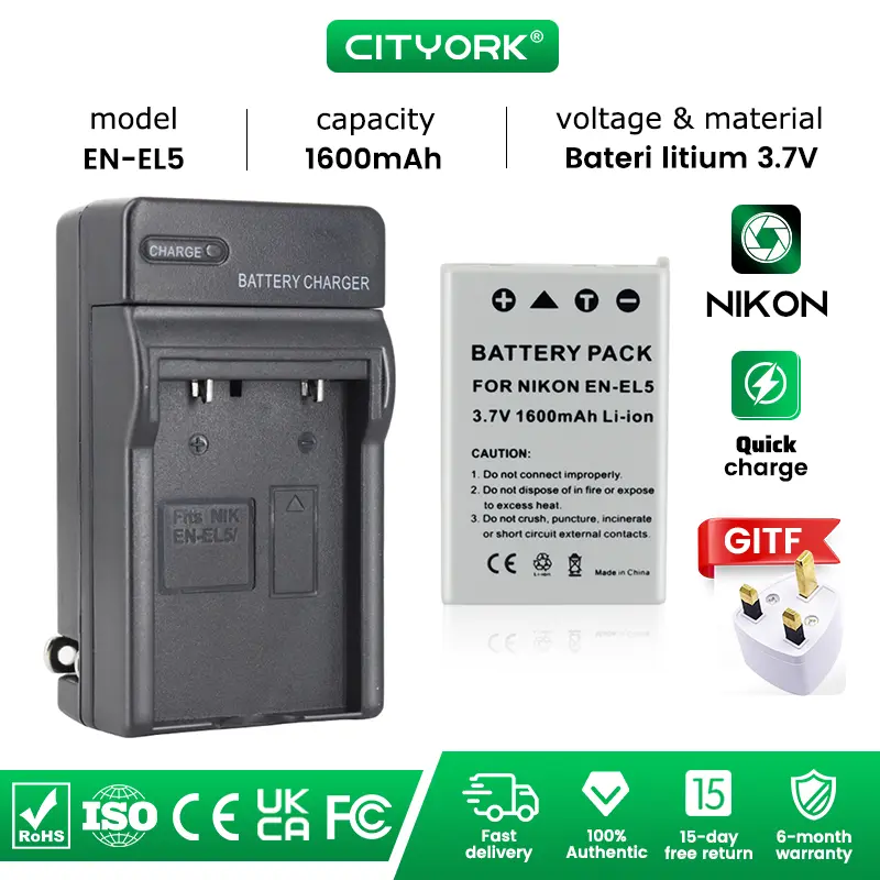 Cityork EN-EL5 ENEL5 EN EL5 Baterai Kamera + Pengisi daya For Nikon Coolpix P3 P4 S10 P80 P90 P100 P500 P510 P520 P530 P5000 P5100 5200 7900 P6000 Nikon Camera EN-EL5 Battery + Charger