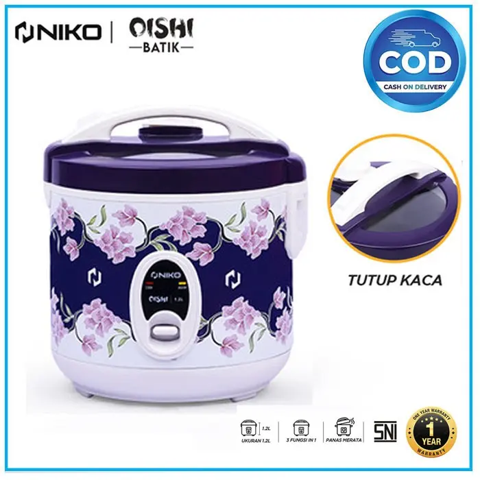Rice Cooker Niko Oishi Batik 3 in 1 Tutup Kaca 1.2 Liter 300 Watt Sendok Penanak