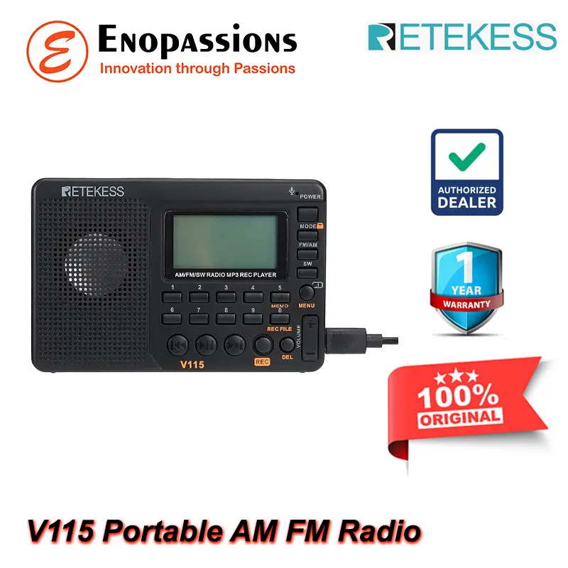 Retekess V115 Portable AM FM SW Radio, MP3 Player, Perekam dan Baterai Rechargeable 0