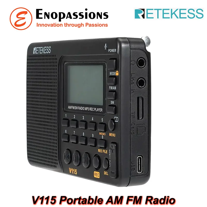 Retekess V115 Portable AM FM SW Radio, MP3 Player, Perekam dan Baterai Rechargeable 1