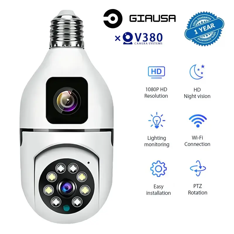 V380 CCTV Dual Lens Bohlam IP Camera 360° Motion Detection 1080P HD Kamera E27 Lampu Wifi Indoor CCTV Security Cameras