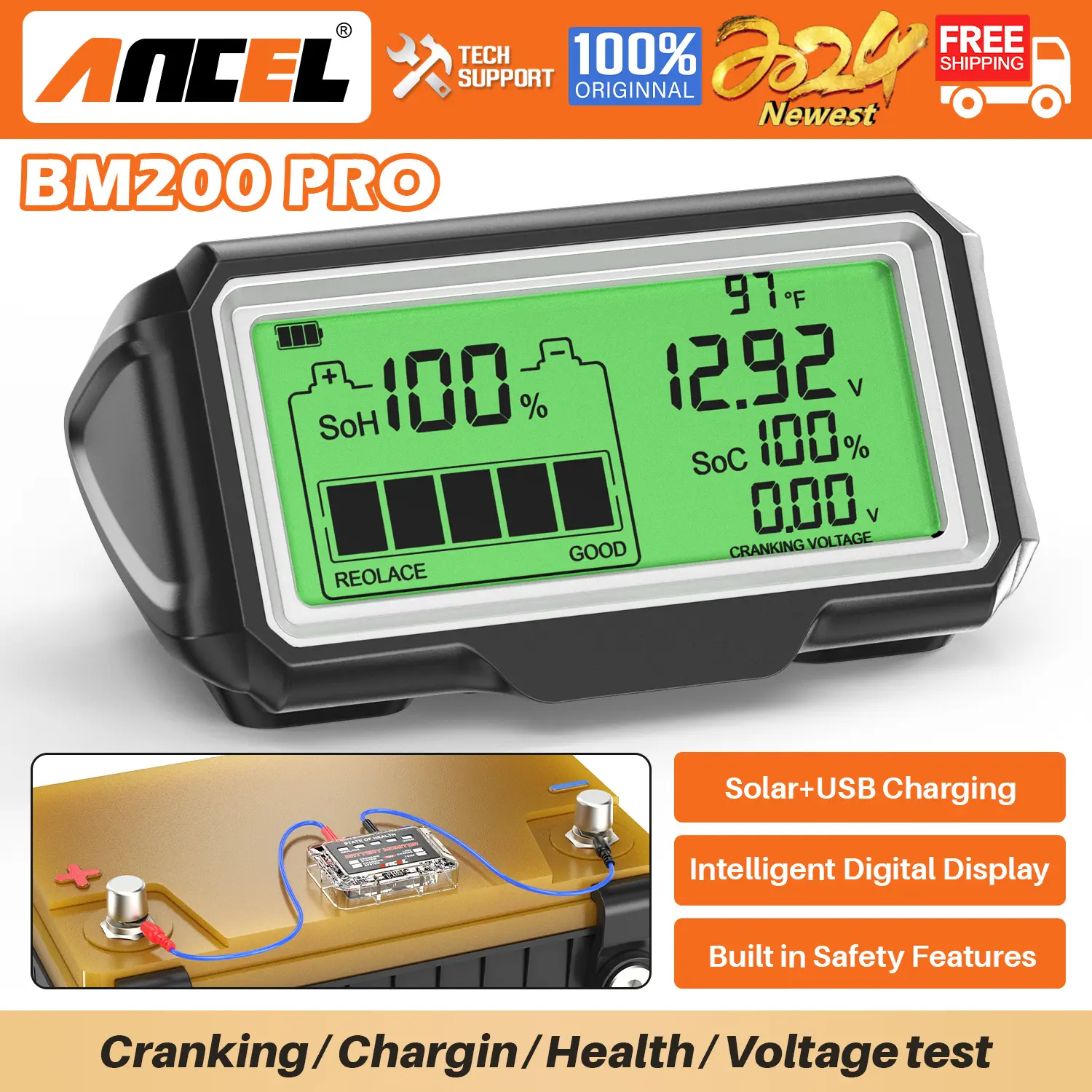 ANCEL BM200 PRO 12V Battery Tester Waterproof LED Digital Solar Charge
