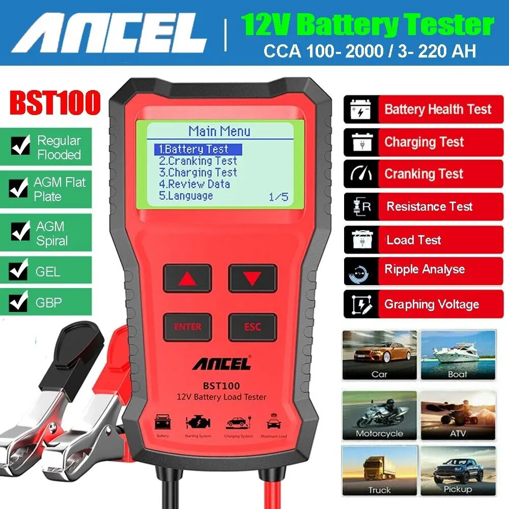 ANCEL BST100 Car Battery Tester 2000CCA Cranking Charging Load Ripple