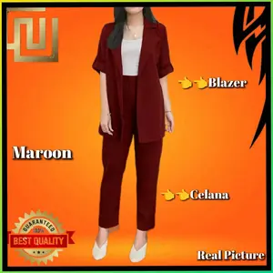 Baju Setelan Wanita TM016 Kerja Kantor Atasan Blouse Blazer Celana Perempuan Maroon