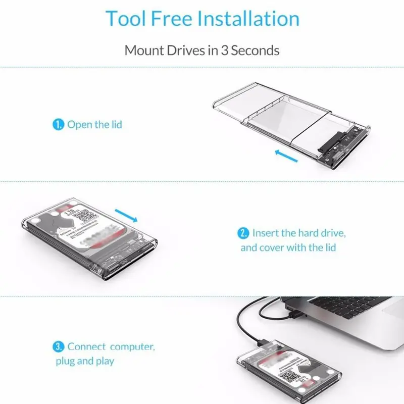 Hard Drive SSD Enclosure 2.5 Inch USB 3.0 to USB Micro B 3.0 - WX537 (Transparent) Made By Taffware 3