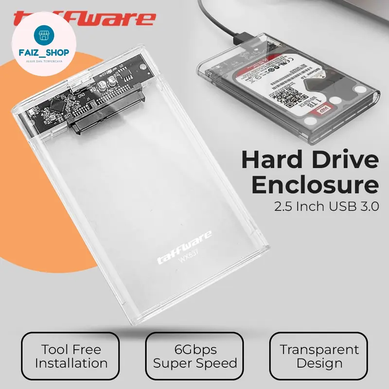 Hard Drive SSD Enclosure 2.5 Inch USB 3.0 to USB Micro B 3.0 - WX537 (Transparent) Made By Taffware 0