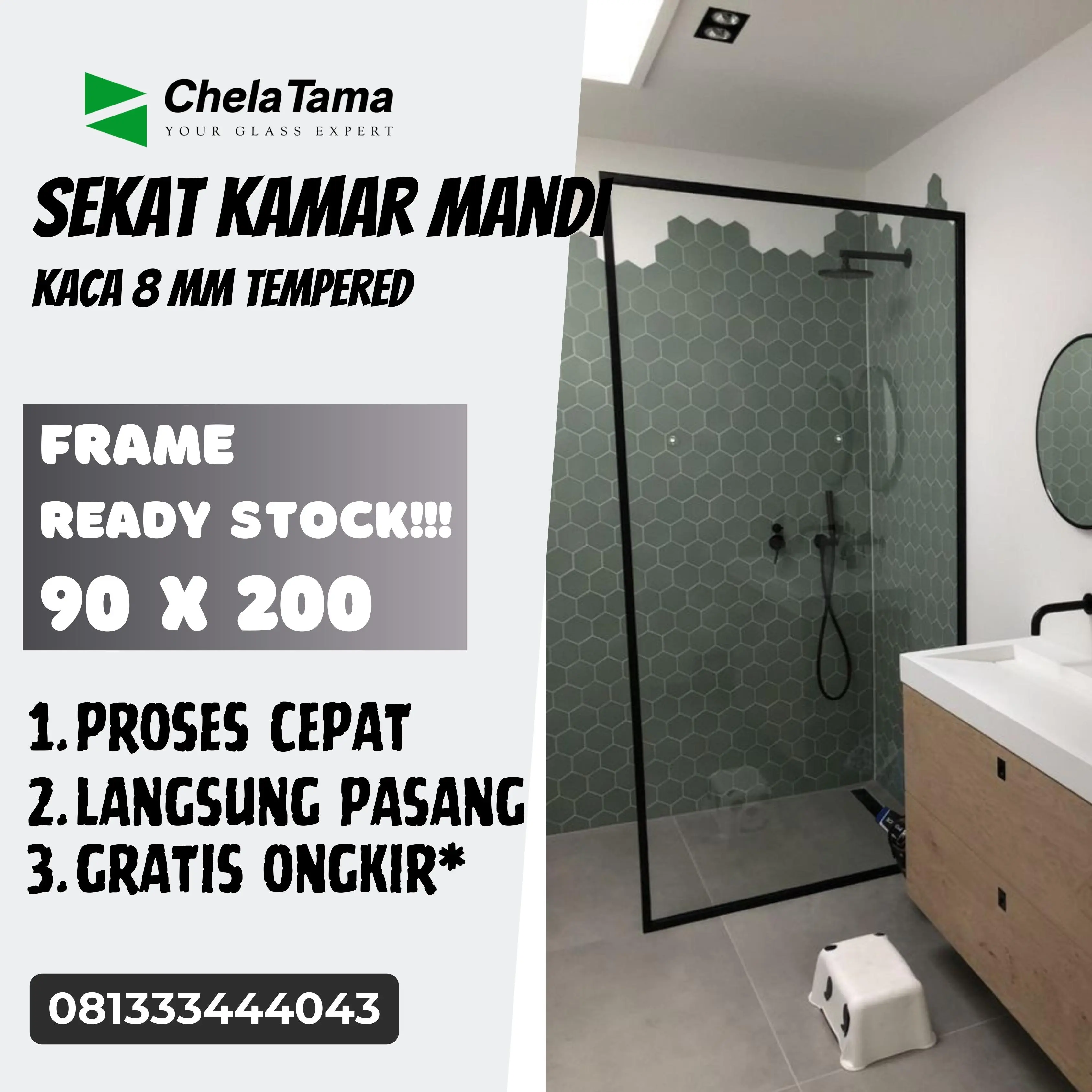 Sekat Kamar Mandi Partisi Kaca Tempered 8mm Frame - 90 x 200
